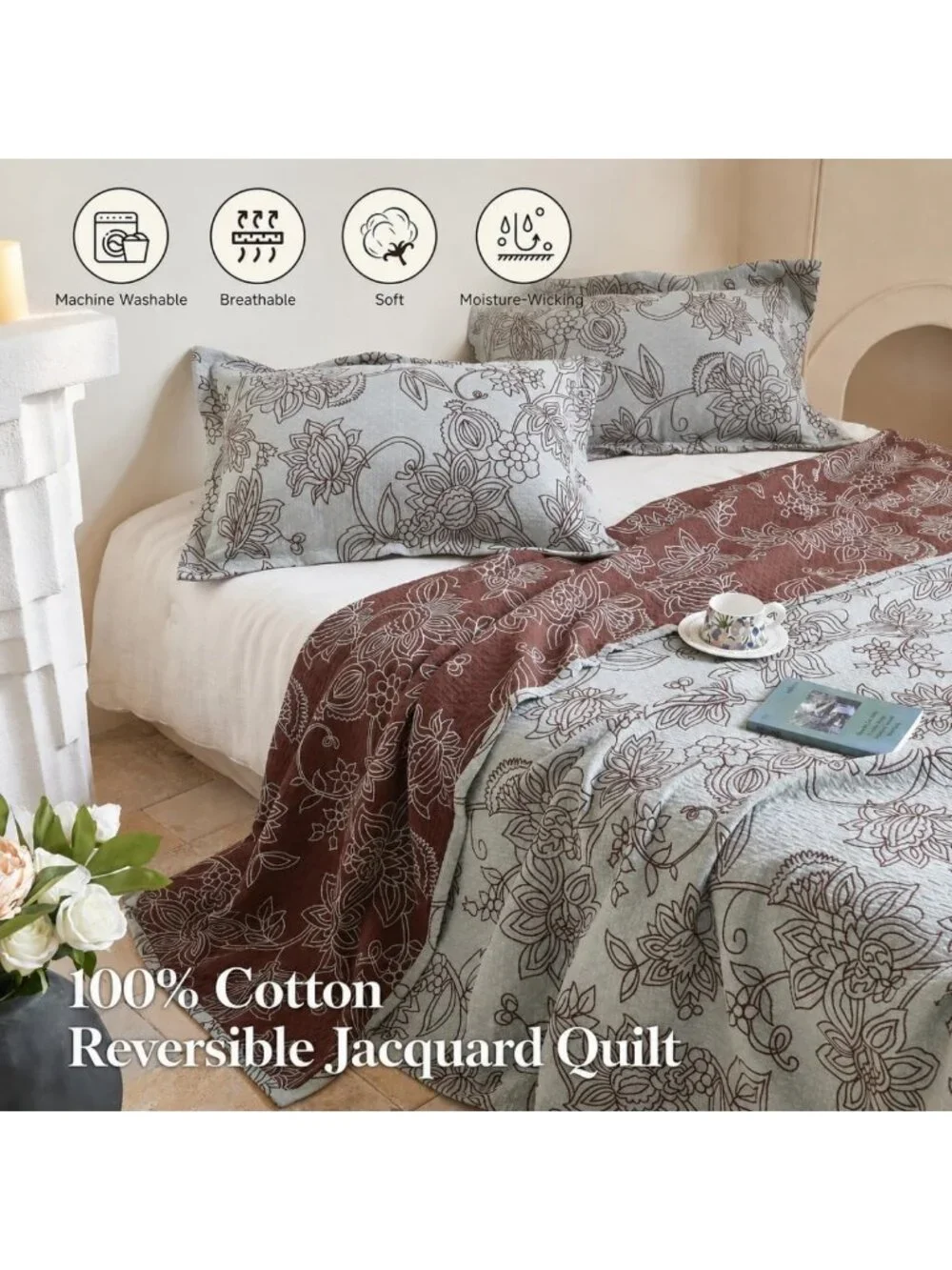 100% Cotton Vintage Floral Quilt Set - Reversible Bedspread with 2 Pillow Shams